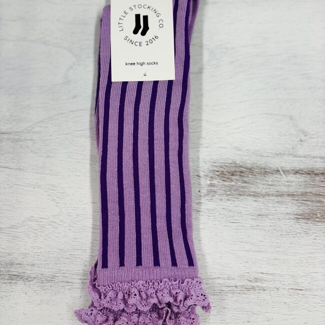 Little Stocking Co. Vertical Striped Lace Top Knee High Socks- Wisteria Purple
