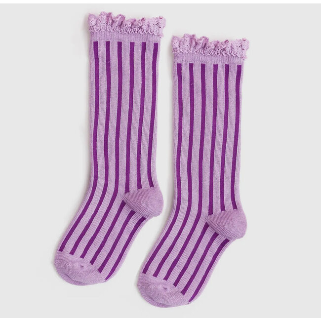 Little Stocking Co. Vertical Striped Lace Top Knee High Socks- Wisteria Purple