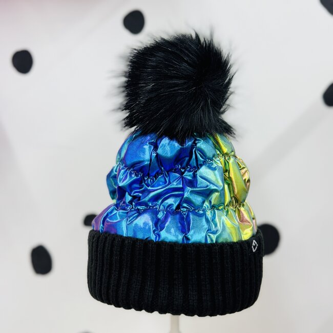 Funky Junque Kids Faux Fur Puffer Pom Hat - Black Multi