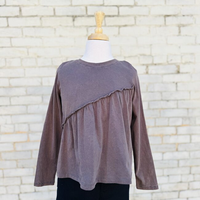Hayden Girls LS Asymmetric Hem Washed T Shirt - Charcoal