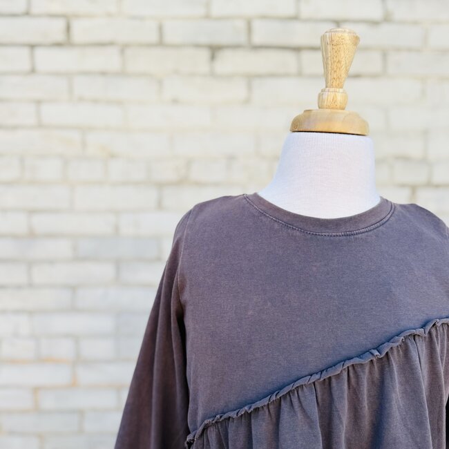 Hayden Girls LS Asymmetric Hem Washed T Shirt - Charcoal