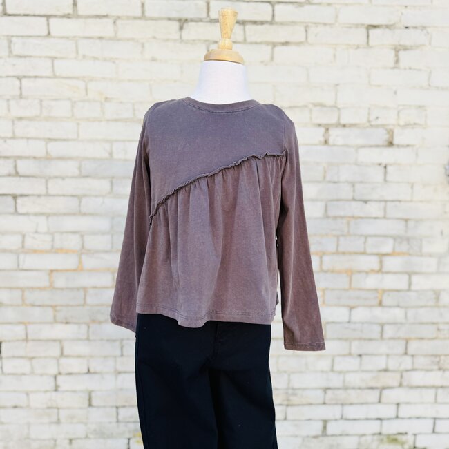 Hayden Girls LS Asymmetric Hem Washed T Shirt - Charcoal