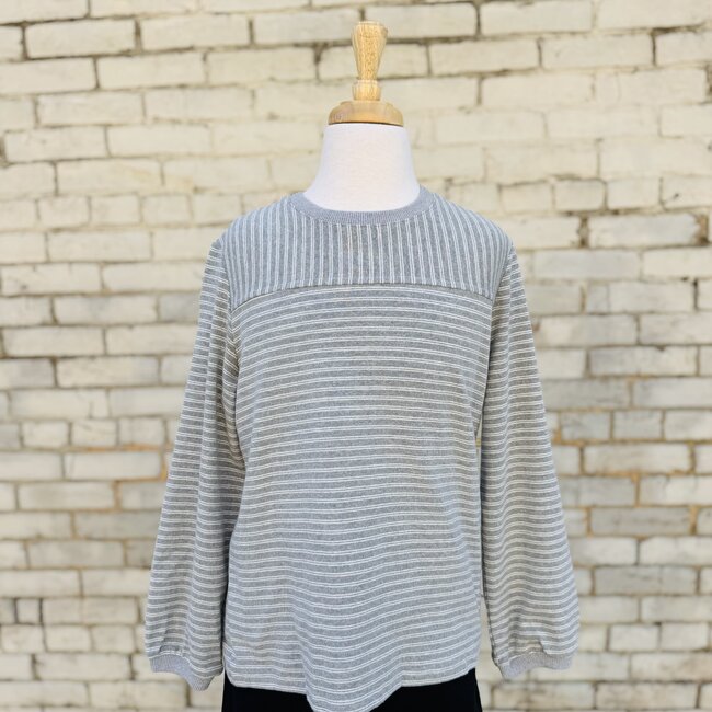 Hayden Girls Stripe Blocked Puff Sleeve Knit Top - Grey