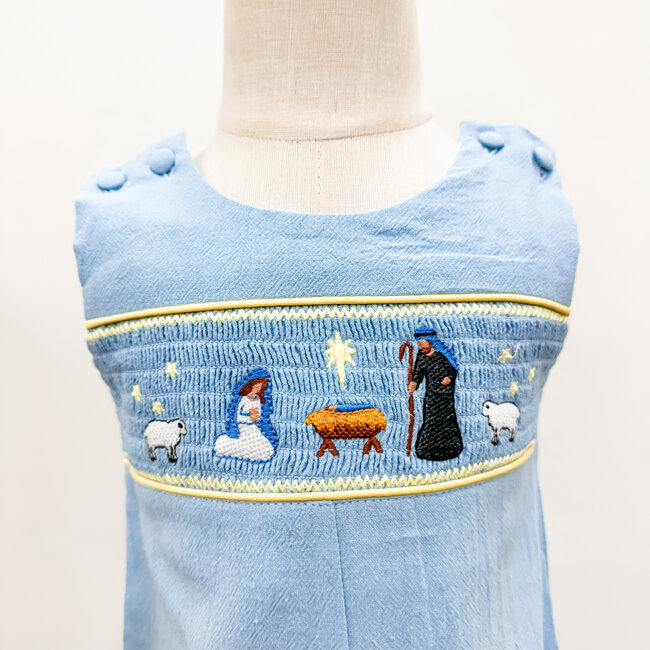 Light Blue Nativity Smocked Overalls