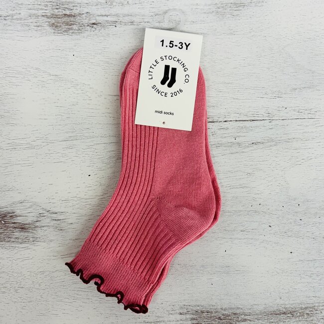 Little Stocking Co. Ribbed Lettuce Trim Midi Socks - Pink/Burgundy