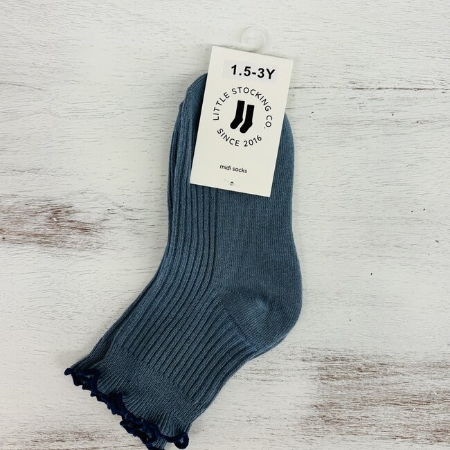 Little Stocking Co. Ribbed Lettuce Trim Midi Socks - Denim/Navy