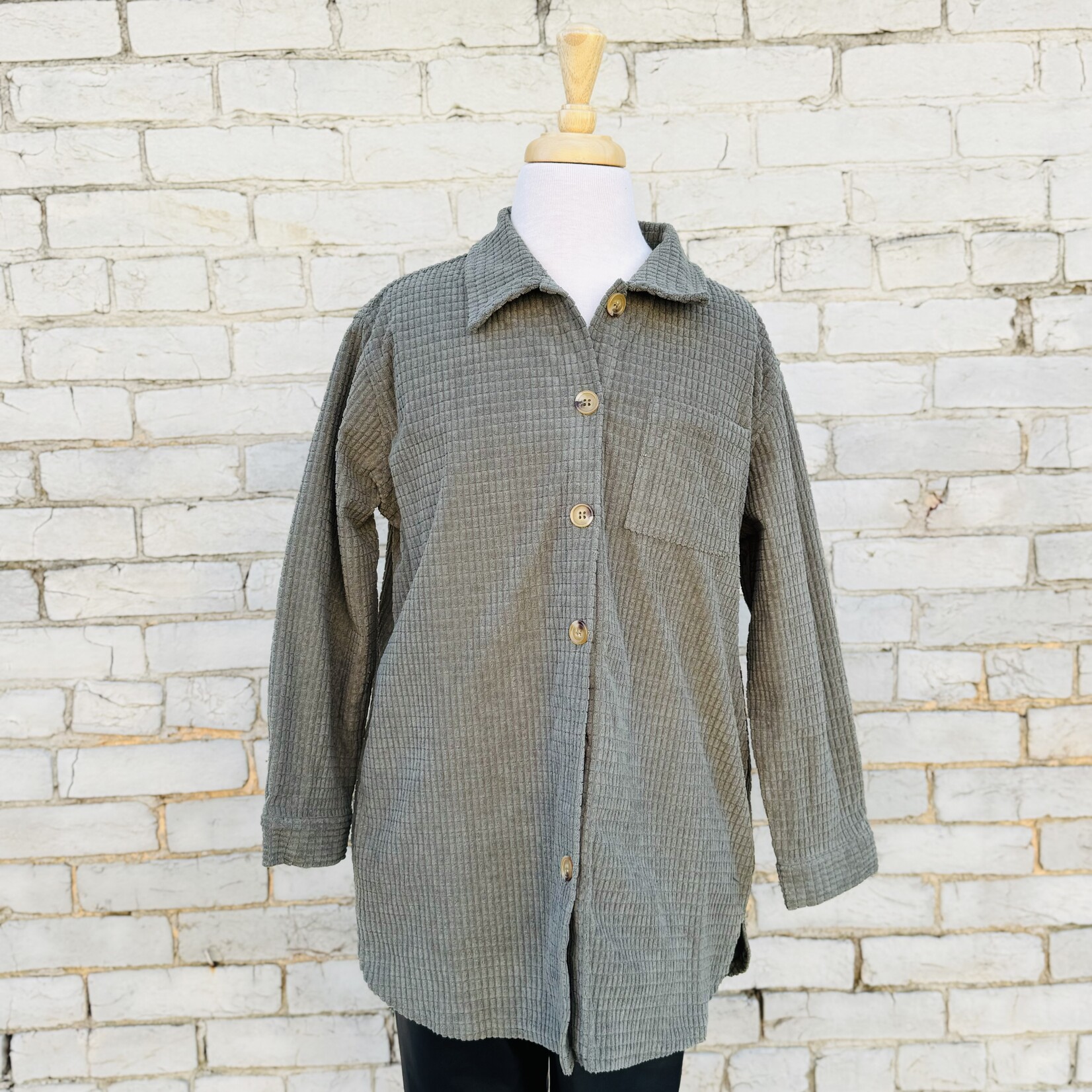 Hayden Girls Textured Velvet Yarn Button Up Shacket - Olive