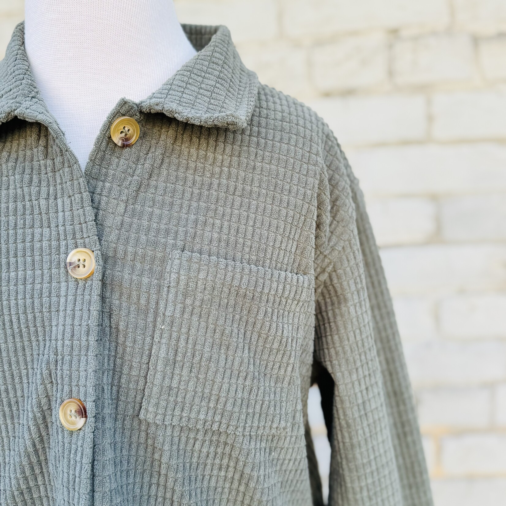 Hayden Girls Textured Velvet Yarn Button Up Shacket - Olive