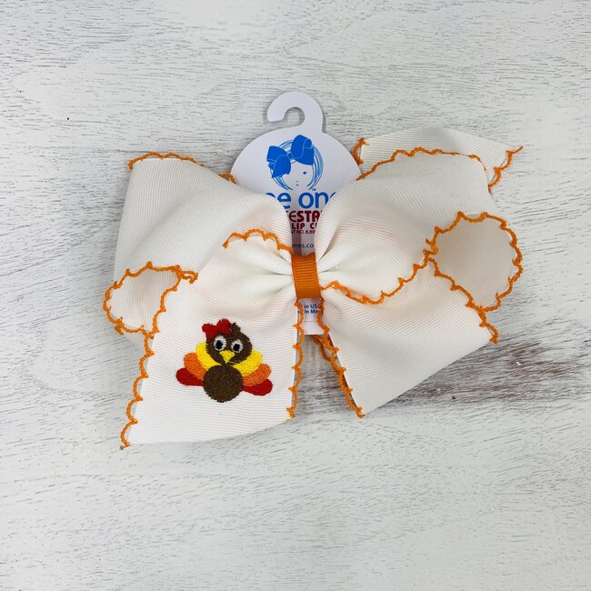 Wee Ones King Turkey Bow - White w/ Orange Moonstitch