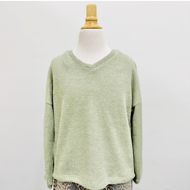 Hayden Girls Brushed Fuzzy Ribbed V Neck Knit Top in Sage