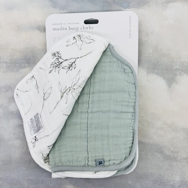 Little Unicorn Organic Cotton Muslin Burp Cloth 2 Pack - Pencil Floral + White Sage