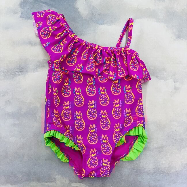 Ruffle Butts One Shoulder Ruffle One Piece - Neon Violet Pineapples