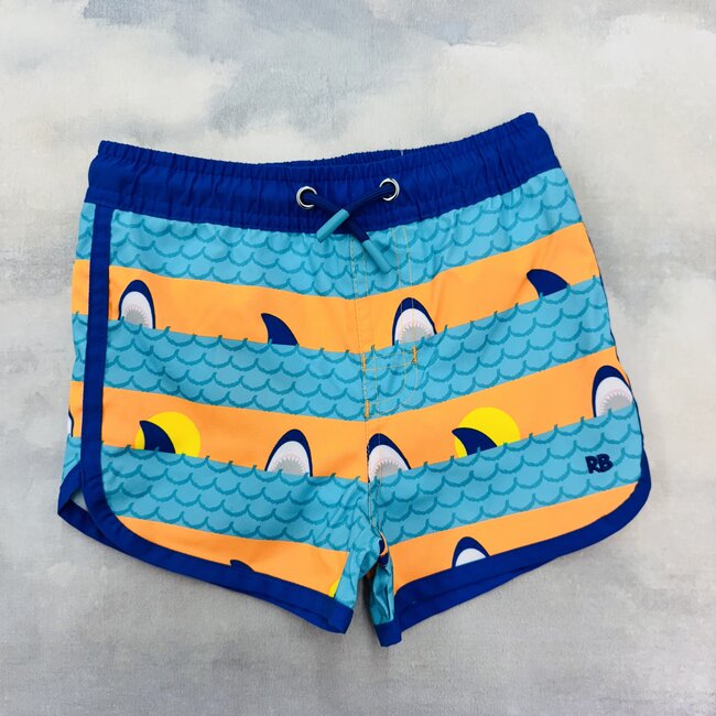 RuggedButts Dolphin Hem Swim Trunks - Neon Sharks & Stripes