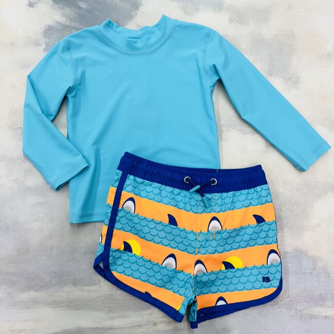 RuggedButts Dolphin Hem Swim Trunks - Neon Sharks & Stripes