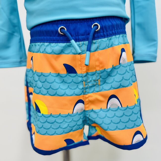 RuggedButts Dolphin Hem Swim Trunks - Neon Sharks & Stripes