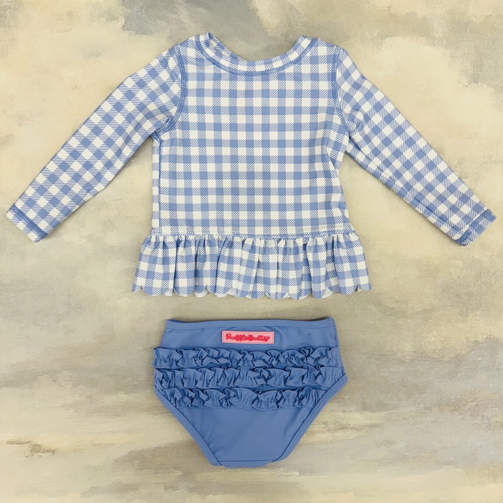 Ruffle Butts Scalloped Long Sleeve Rash Guard 2 Piece - Periwinkle Blue Gingham