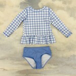 Ruffle Butts Scalloped Long Sleeve Rash Guard 2 Piece - Periwinkle Blue Gingham