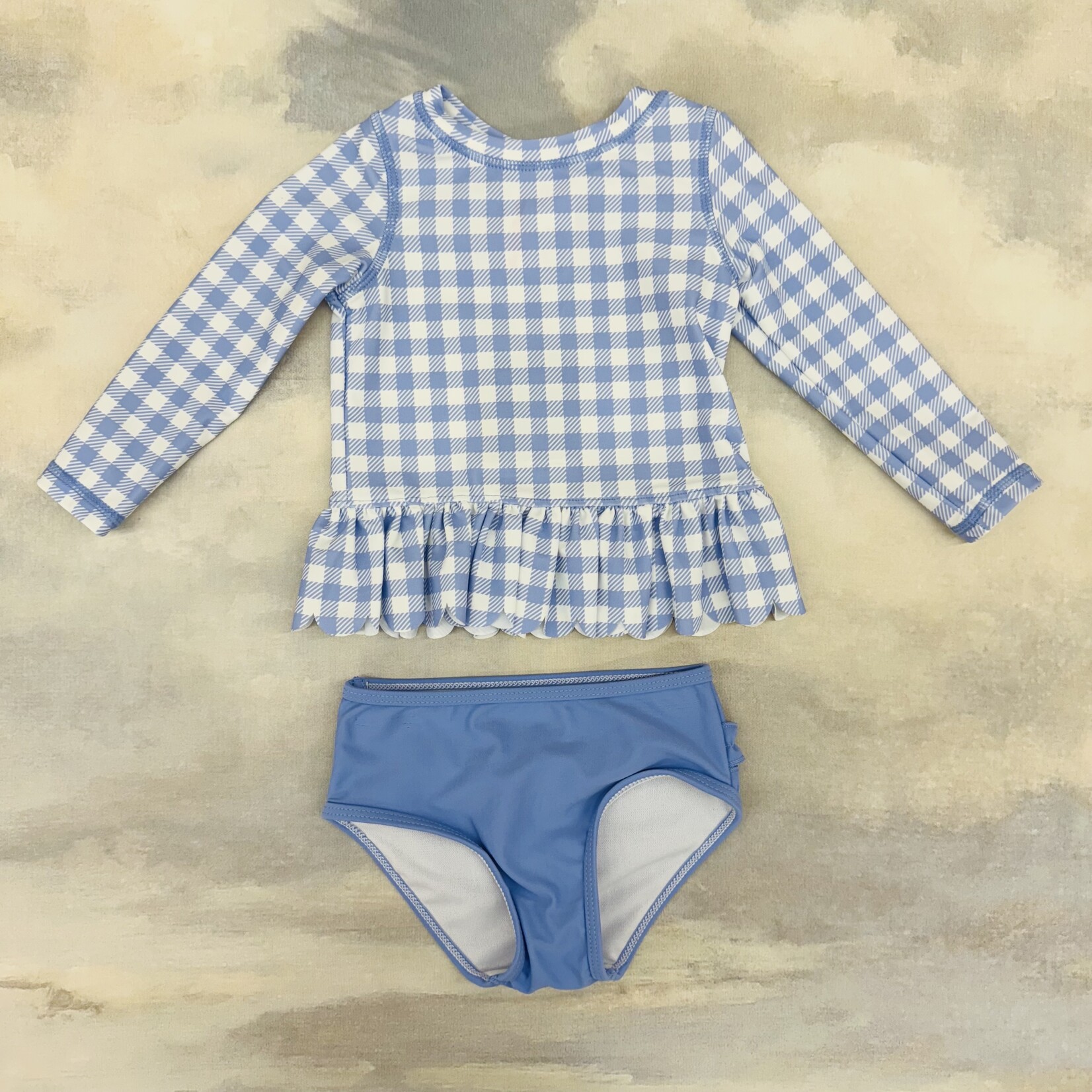Ruffle Butts Scalloped Long Sleeve Rash Guard 2 Piece - Periwinkle Blue Gingham