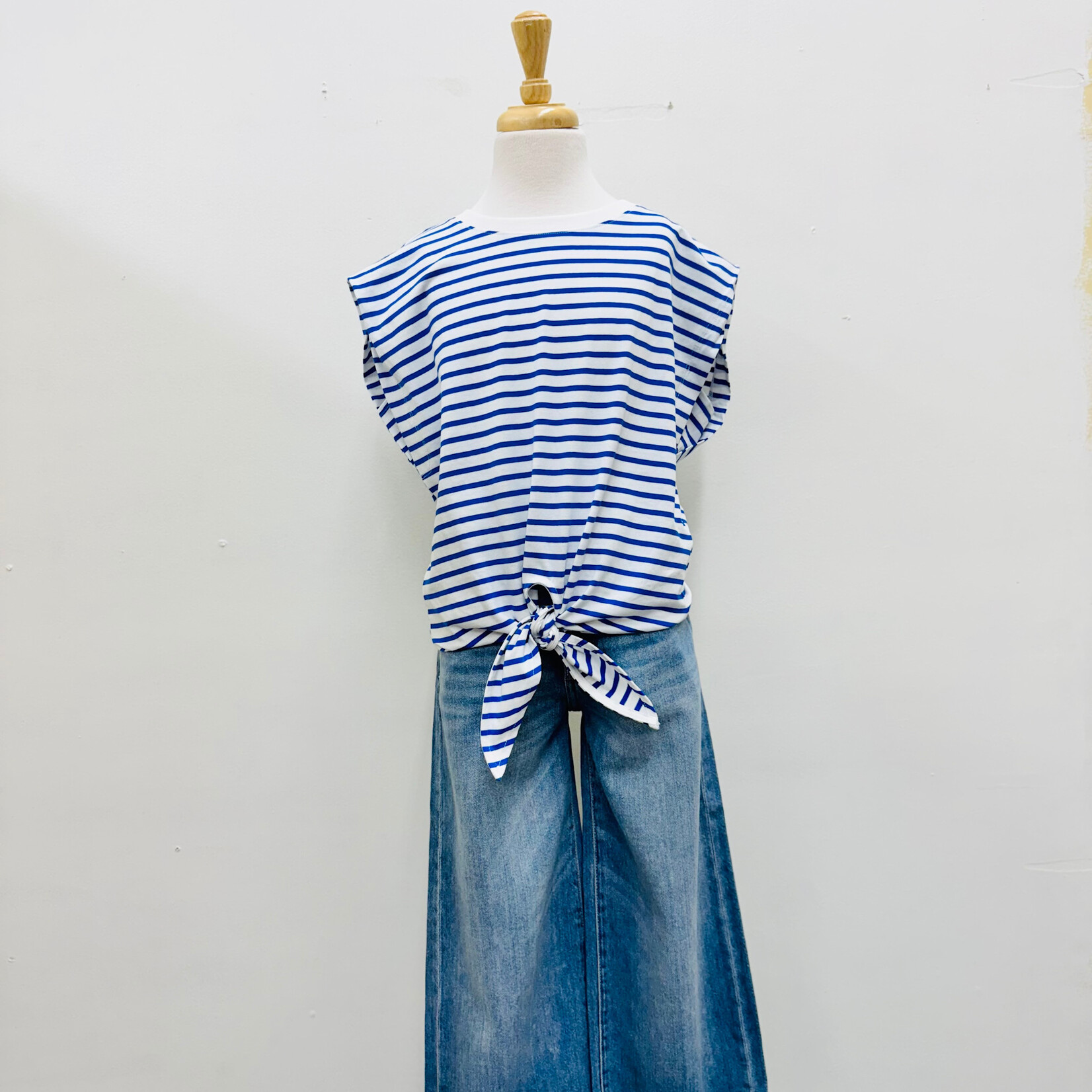 Molly Bracken Navy Blue Sailor Stripe Tee with Waist Tie