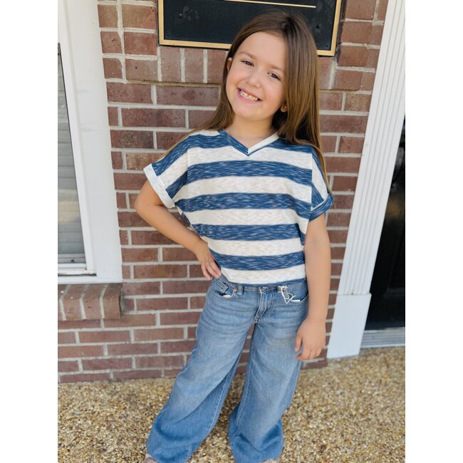 Hayden Girls Heather Stripe V Neck Top - Denim