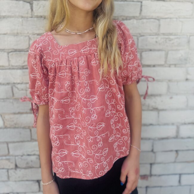 Hayden Girls Botanical Embroidered Tie Sleeve Top - Rust