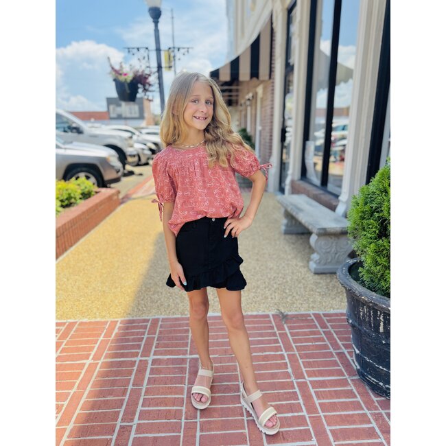 Hayden Girls Botanical Embroidered Tie Sleeve Top - Rust