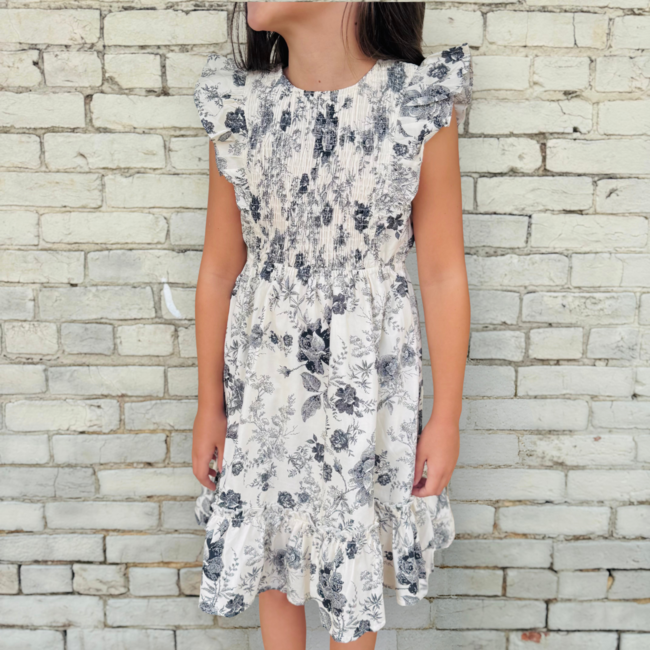 Hayden Girls Antique Floral Smock & Ruffle Dress - Black