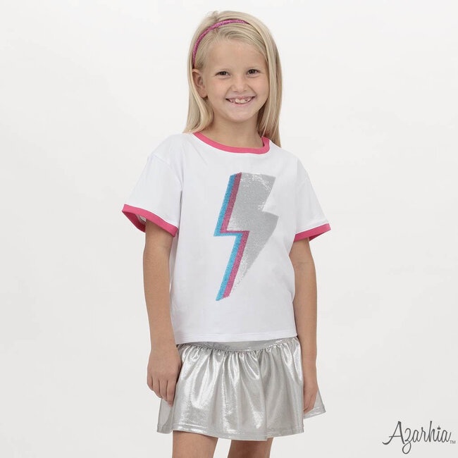 Azarhia Sequin Lightning Bolt on White Ringer Boxy Tee
