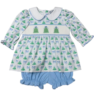 Three Sisters Christmas Tree Smocked Bloomer Set