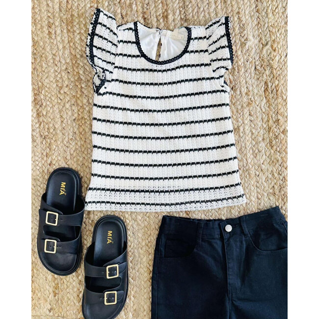 Hayden Girls Contrast Piped Striped Knit Tank - Oatmeal/Black