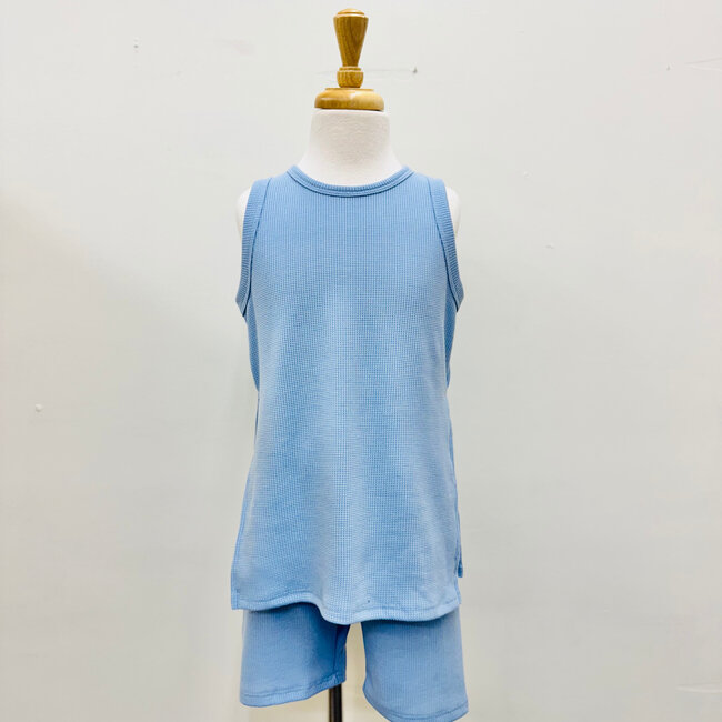 Waffle Knit Sleeveless Top & Biker Shorts Set in Blue