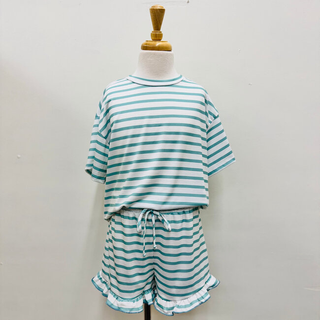 Stripe Crop Top & Ruffle Shorts Set in Mint