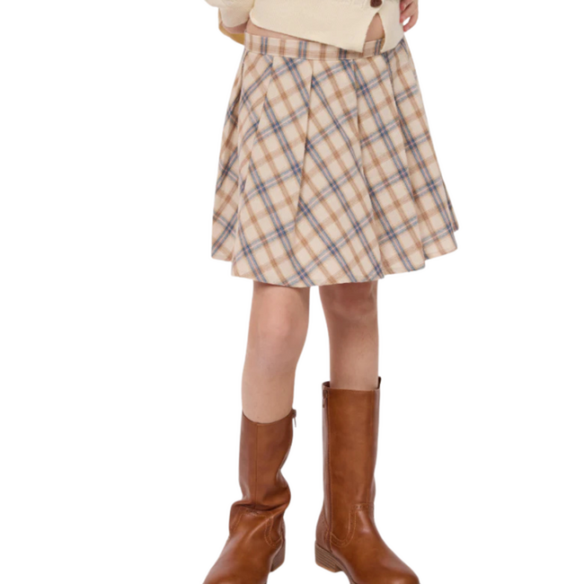 Sadie & Sage Hot Cocoa Plaid Pleated Skirt in Blue Tan