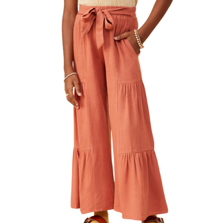 Hayden Girls Gathered Detail Belted Textured Wide Leg Pants