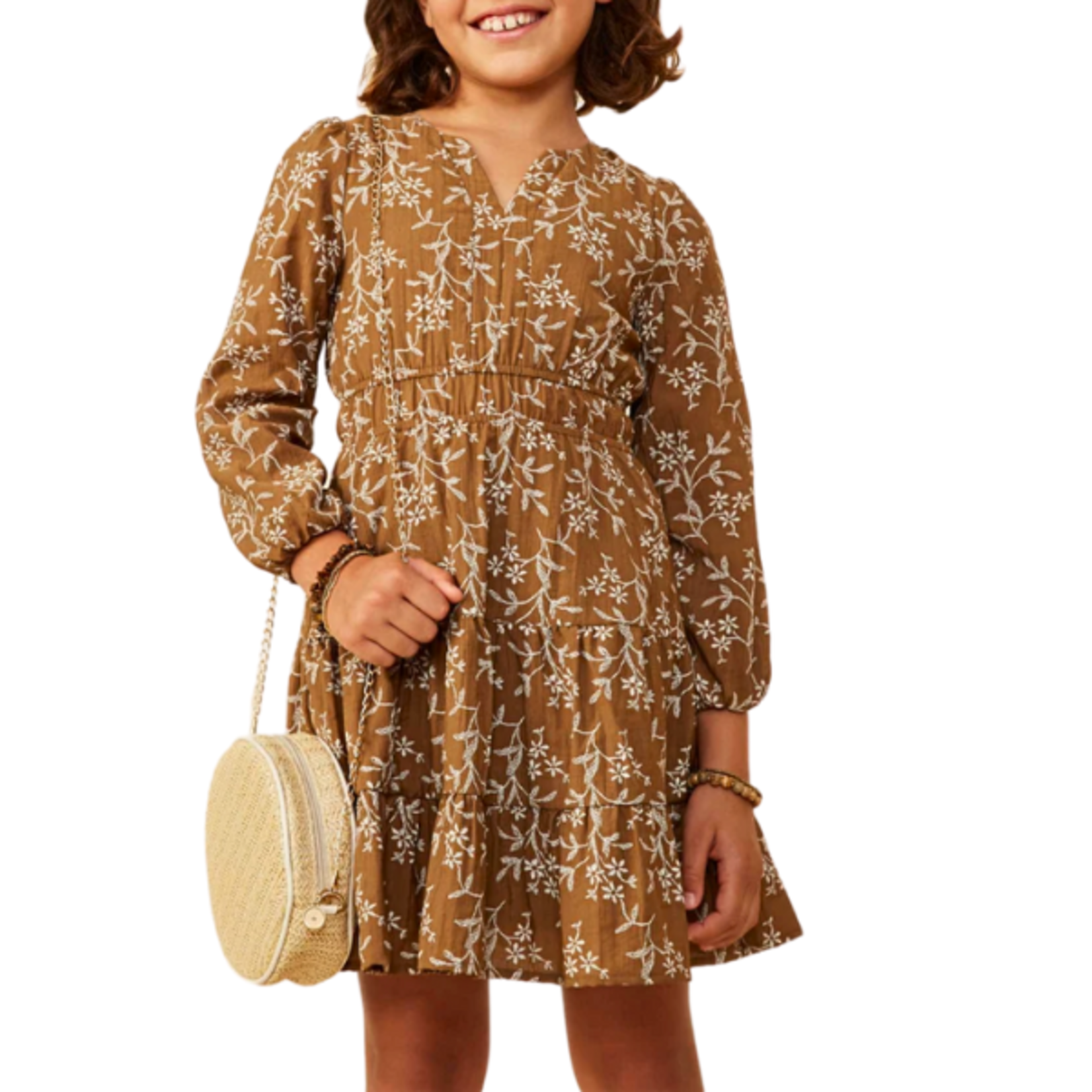 Hayden Girls Notch Detail Long Sleeve Floral Embroidered Dress in Brown