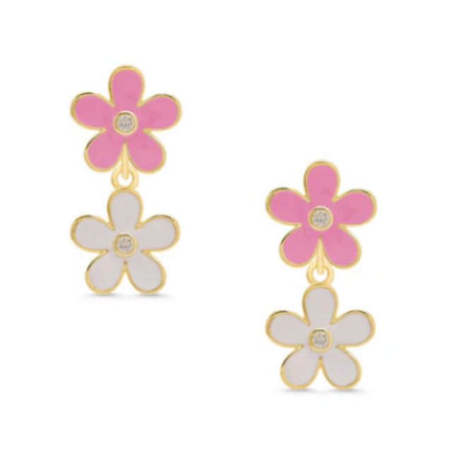 Lily Nily Double Flower CZ Dangle Earrings - Pink/White
