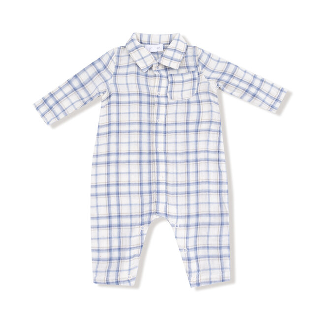 Angel Dear Blue Plaid Polo Romper w/ Full  Placket
