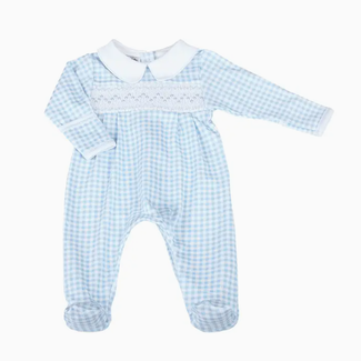 Magnolia Baby Mini Checks Smocked Collared Boy Footie - Light Blue