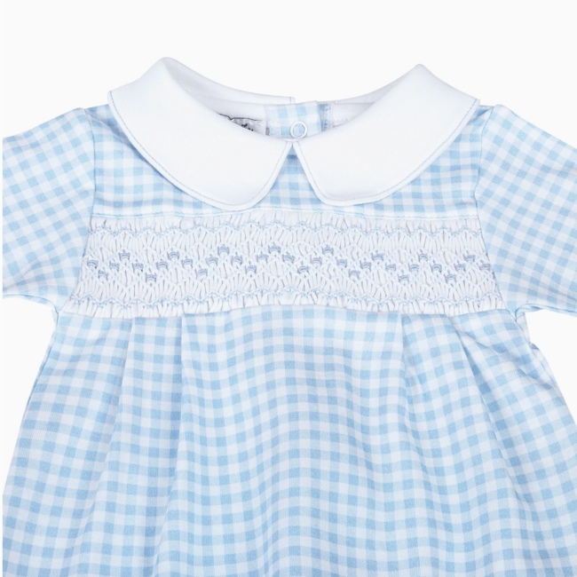 Magnolia Baby Mini Checks Smocked Collared Boy Footie - Light Blue