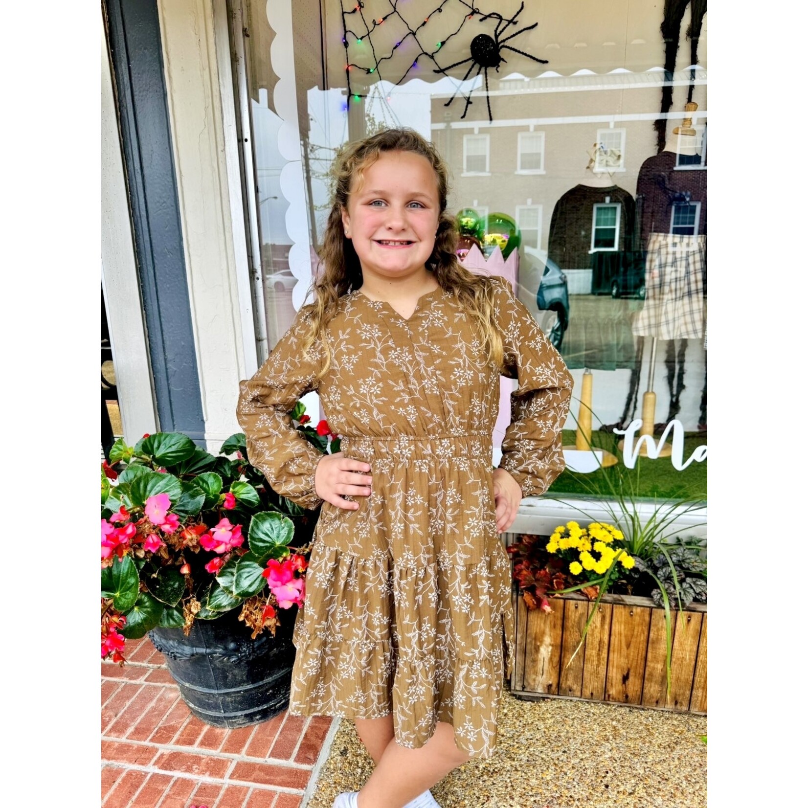 Hayden Girls Notch Detail Long Sleeve Floral Embroidered Dress in Brown