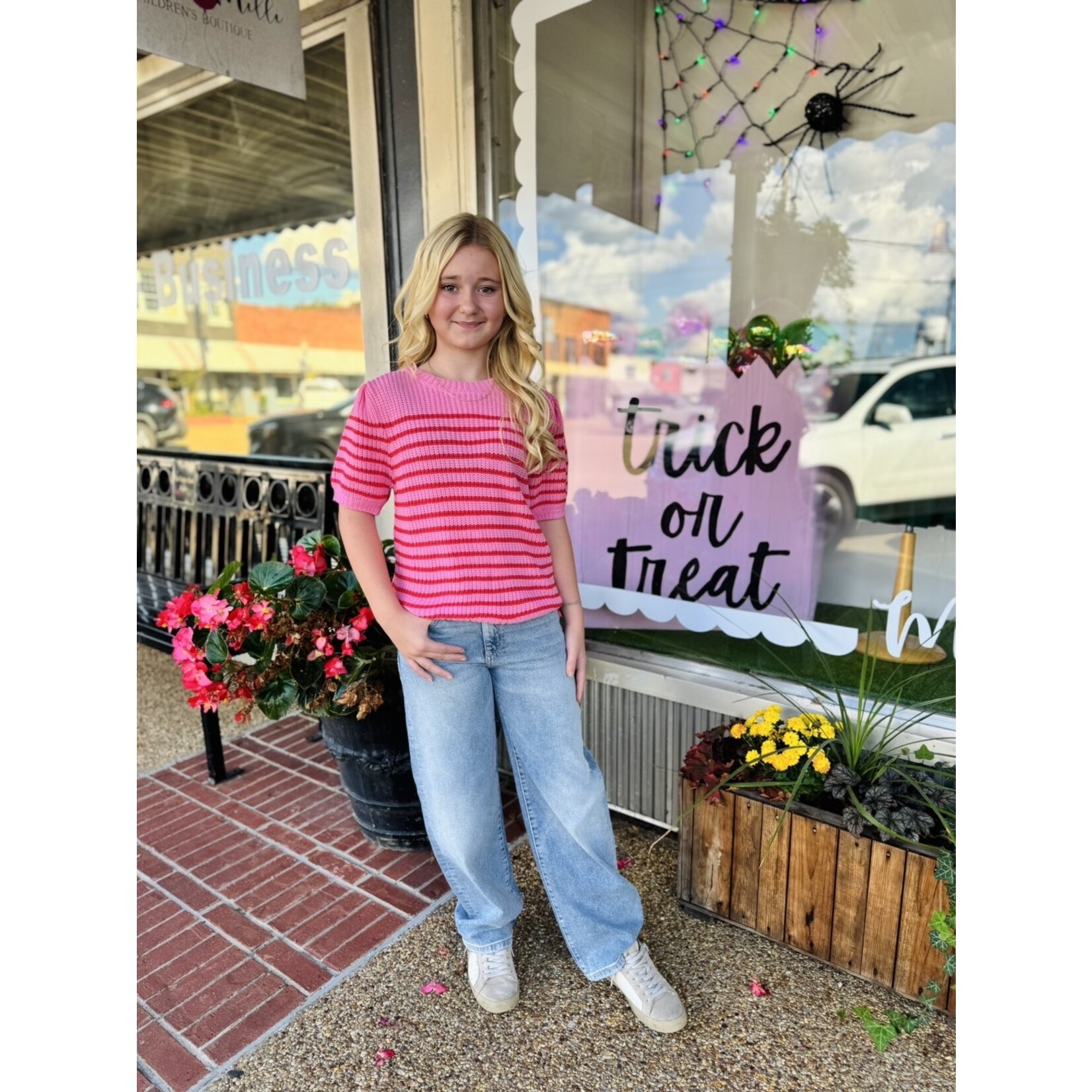 Hayden Girls Pink & Red Striped Sweater