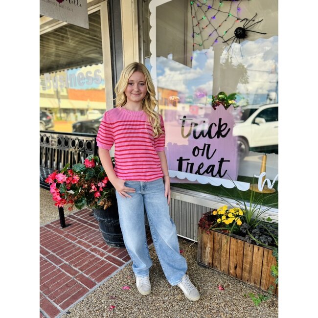 Hayden Girls Pink & Red Striped Sweater