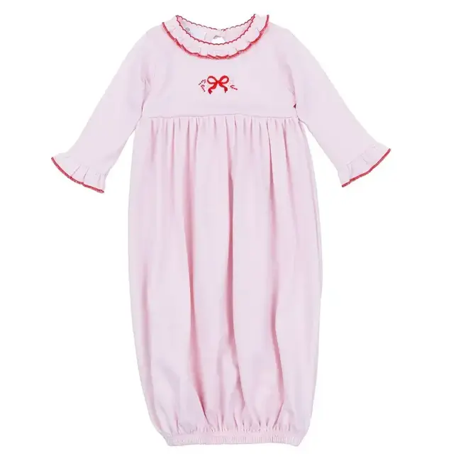 Magnolia Baby Candy Cane Lane Embroidered Ruffle Gathered Gown - Red