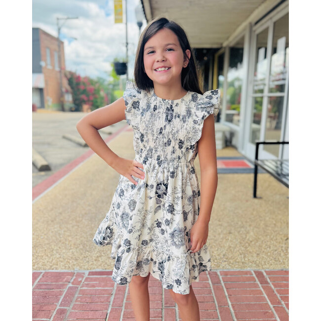 Hayden Girls Antique Floral Smock & Ruffle Dress - Black