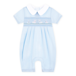 Magnolia Baby Bunny Love Classics Light Blue Smocked Collared Short Playsuit
