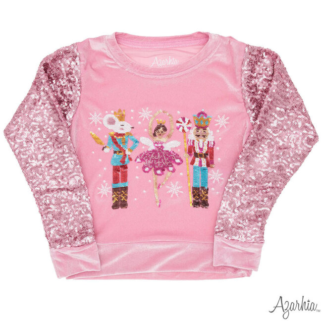Azarhia Nutcracker Sequin Sleeve CHRISTMAS on Pink Velvet Sweatshirt