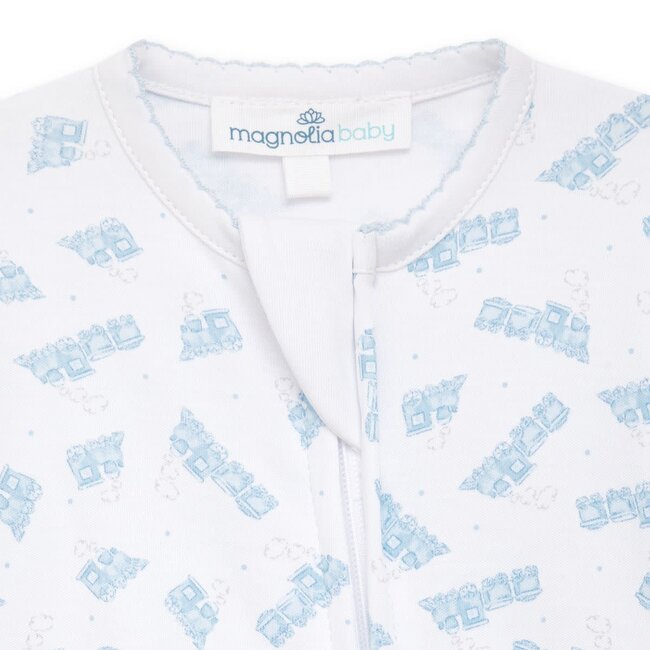 Magnolia Baby Choo Choo Train Light Blue Print Zip Footie