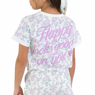 Paper Flower Floral Print with Embroidery Heart Top