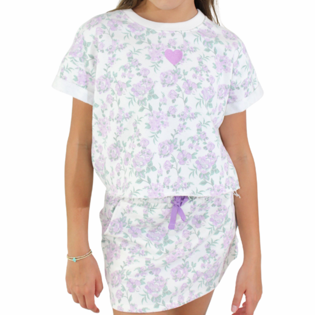 Paper Flower Floral Print with Embroidery Heart Top