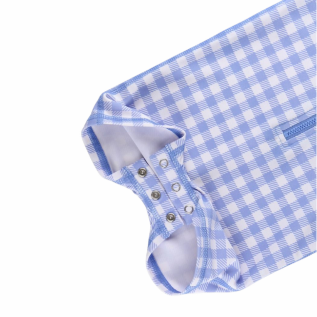 Ruffle Butts Periwinkle Blue Gingham LS One Piece Rash Guard